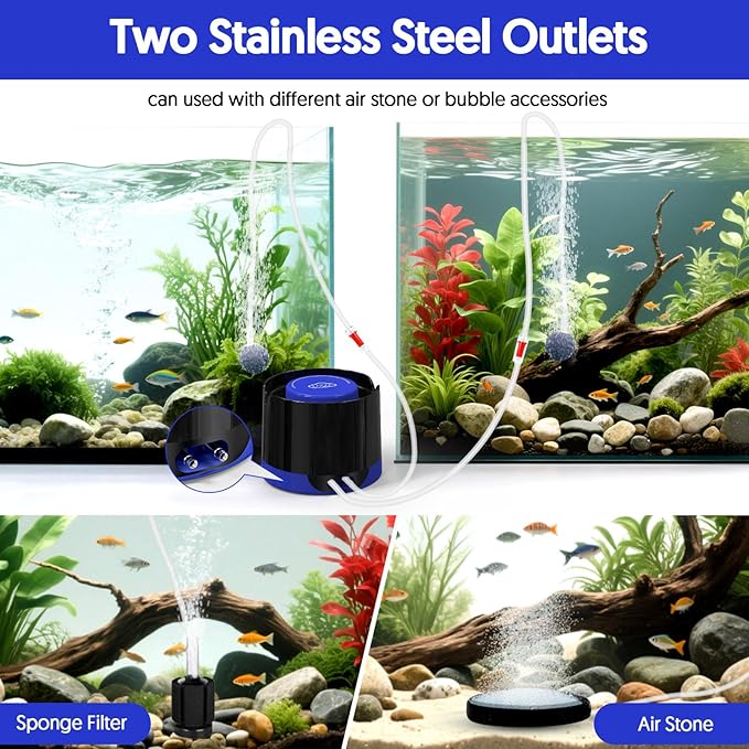 QZQ Aquarium Air Pump, Quiet Fish Tank Air Pump with Dual Outlets, 3W/5W Powerful Adjustable Oxygen Pump with Accessories, Aquarium Bubbler Aerator for Fish Tank Up to 80 Gallon (3W)