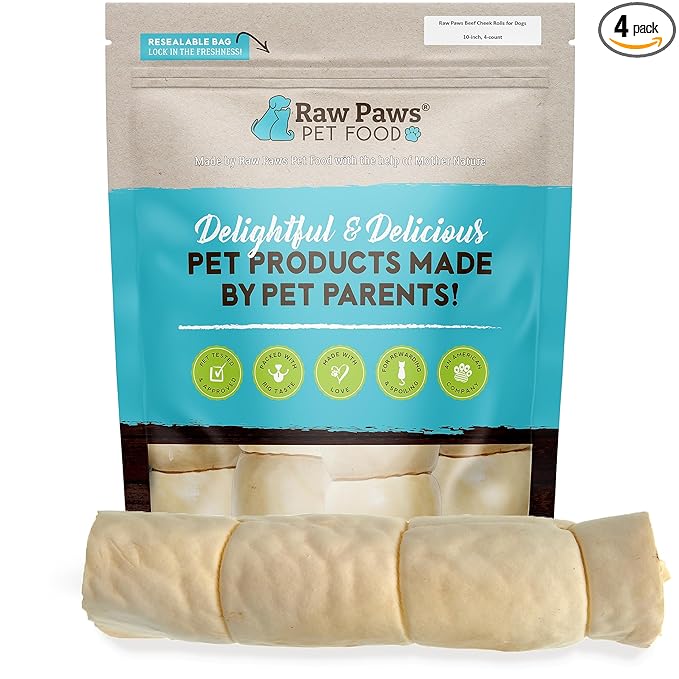 Raw Paws Beef Cheek Rolls for Dogs Large - 10 inch (4 Pack) - Packed in USA - Free-Range, Rawhide Alternative Dog Chews - Retriever Rolls - Beef Cheeks for Dogs