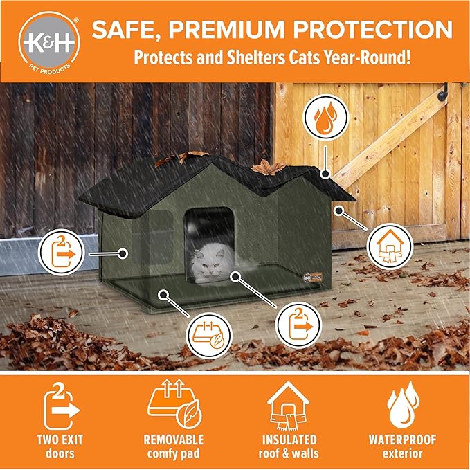 K&H Pet Products Extra-Wide Outdoor Cat House for Outside Pets, Weatherproof Outdoor House for Large Cats, Insulated Kitty Shelter, 2 Doors, Waterproof Removable Floor Pad, Unheated - Olive