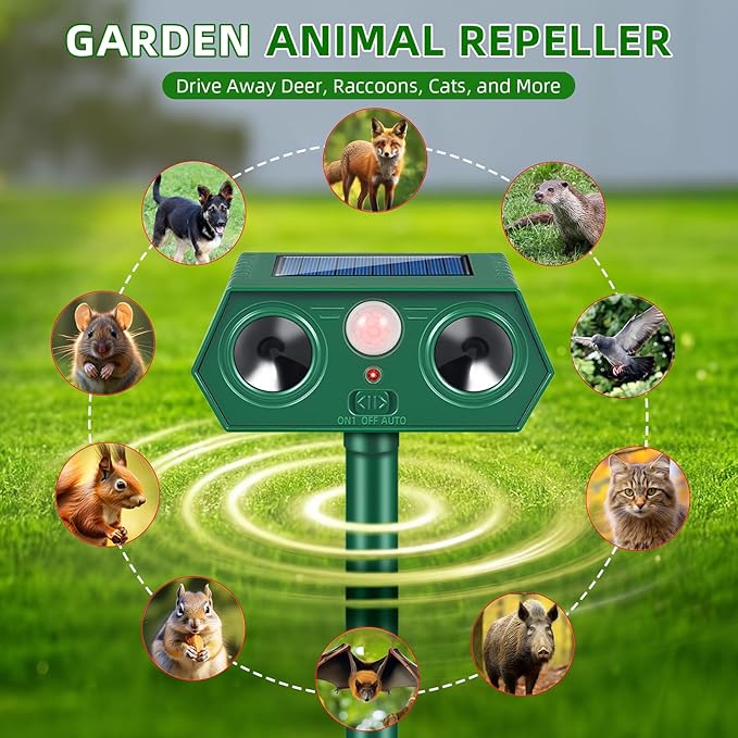 2026 Solar Ultrasonic Animal Repellent Outdoor, IP65 Waterproof Cat Repellent & Deer Repeller Devices, Motion Sensor Racoon Squirrel Fortress Pro Rabbit Skunk Deterrent for Yard Garden (4 Pack)