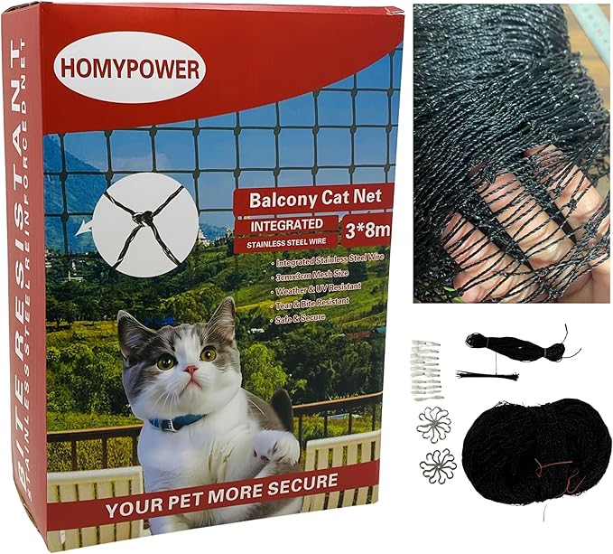 Cat Netting Balcony,10x26 ft Stainless Steel Reinforced Bite Tear UV and Weather-Resistant Anti-Fall Netting for Pets, Safety Net for Cat, Small Catio for Apartment Balcony Protection