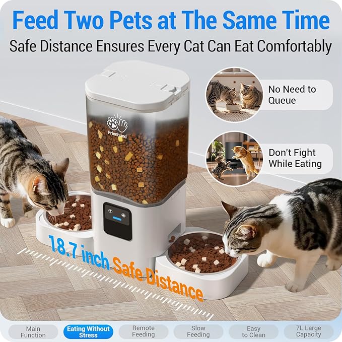 5G WiFi Automatic Cat Feeder 2 Cats: Dual Automatic Dog Feeder with APP Control, Cat Food Dispenser for Multiple Pets, Detachable for Easy Clean, 7L Large Food Storage -29 Cup (ACF190W-C)