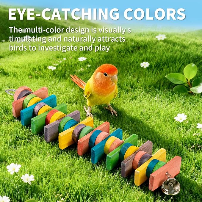 2 PCS 14.37" Multicolored Bird Toys - Stress Relief Chew Parrot Toys, Natural Wooden Blocks, Hanging Bird Cage Accessories, for Parakeets Cockatiels Conures Budgies African Grey Macaws Amazon Parrots