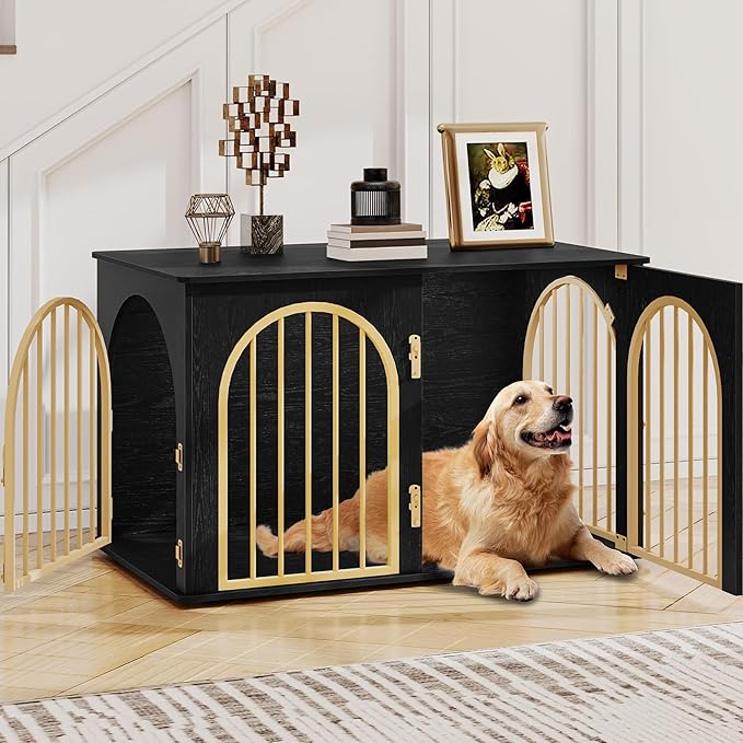 39.4" Wooden Dog Crate Furniture, Indoor Dog Kennel Dogs Cage for Small/Medium/Large Dogs, Heavy Duty Dog Crates Decorative Pet House End Side Table TV Stand, Black Gold DFC84104A