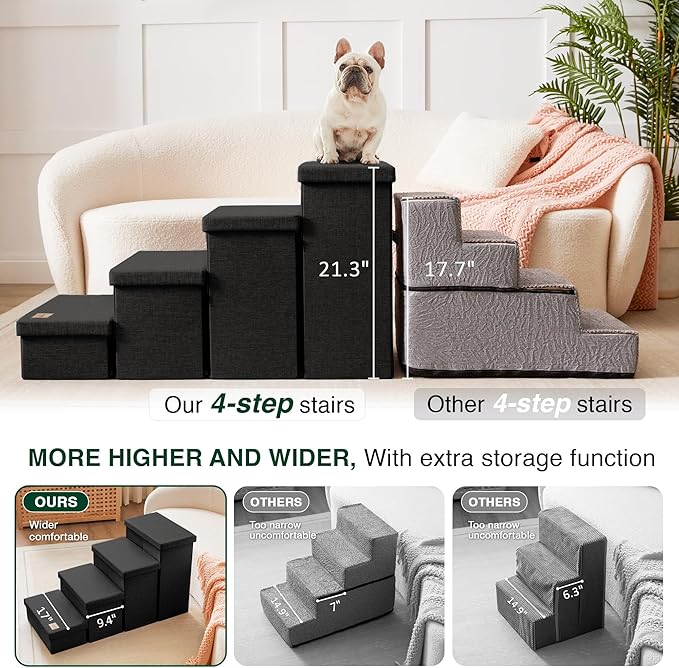 Love's cabin Dog Stairs for Small Medium or Large Dogs with Storage and Adjustable Steps, Foldable Cat Steps for Bed or Couch, 4-Step Black Folding Ramp with Zip up to 200 lbs, Black