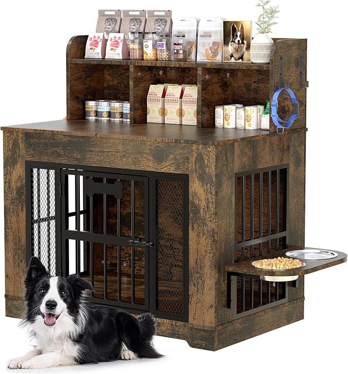 Petrova 33" Dog Crate Furniture for 1 Dogs, Heavy Duty Indoor Dog Kennel for Small/Medium Dogs, Wooden Dog Cage with 2 Stainless Steel Bowls, 4 Hooks, LED Light, Brown