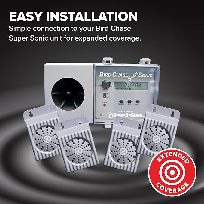 Bird B Gone - MMSONIC-SP2 Sonic Satellite Speakers - Amplifies Sonic Bird Deterrent Coverage - Boosts Area Protection by 2 Acres - Weatherproof - Easy Setup - for Bird Chase Units