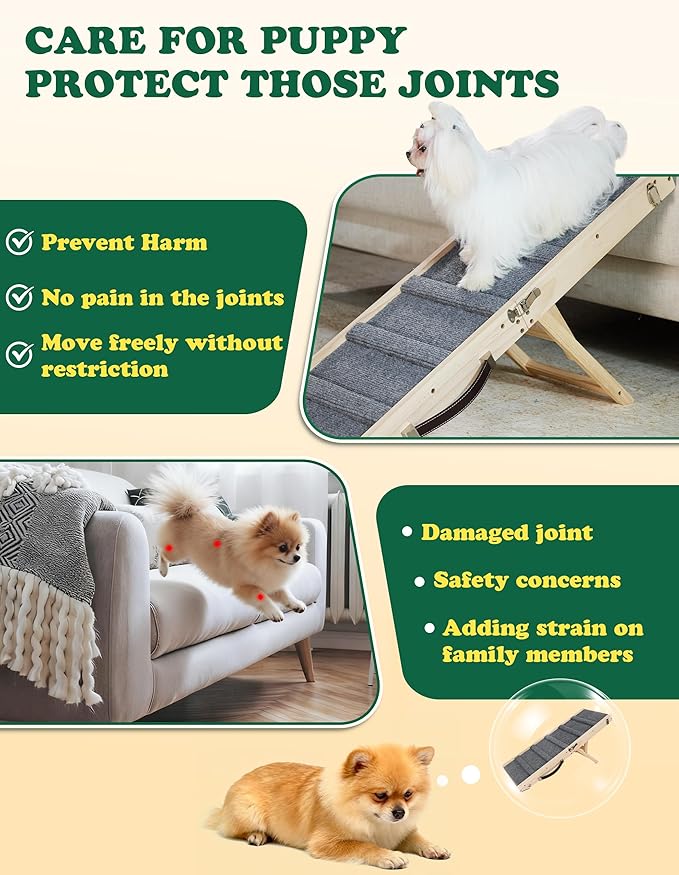 Dog Ramp Dog Stairs for Small Dogs Foldable Dog Ramp with 4 Adjustable Heights from 7.48'' to 15.35" Wood Pet Ramp with Non Slip Carpet Portable Puppy Ramp for Couch, Sofa, Low Bed