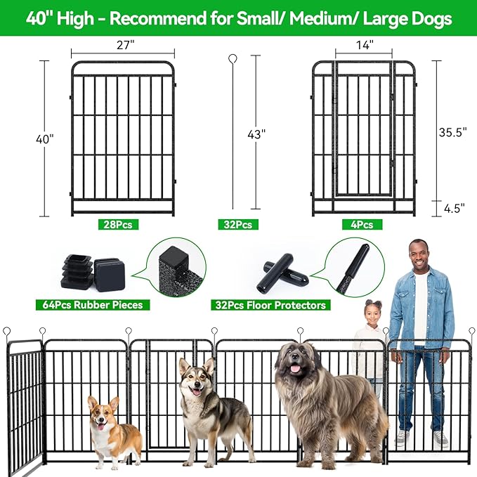 Heavy Duty Dog Playpen: 32 Steel Panels 40" Height, Square Steel Pipe with Reinforced Crossbars, 71FT 406 Sq.ft Portable Fence for Yard RV Camping, Snowy Black