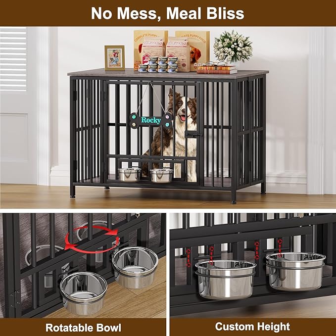 Easycom 41" Dog Crate Furniture Foldable, No Assembly Decorative Dog Kennel Indoor, Dog Crates for Large Dogs(35-60 lb), Wooden Dog Cage with Adjustable Bowls and Name Tag, End Table, Oak Grey