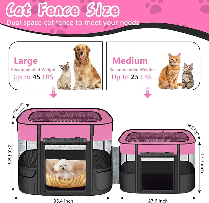 Portable Cat Playpen with Separate Areas, 2-in-1 Puppy Playpen & Cats Cage, Foldable Pet Tent for Indoor and Outdoor Use, Collapsible Tent Kennel Cage House(35.4"x27.6"x27.6" Pink & Black)