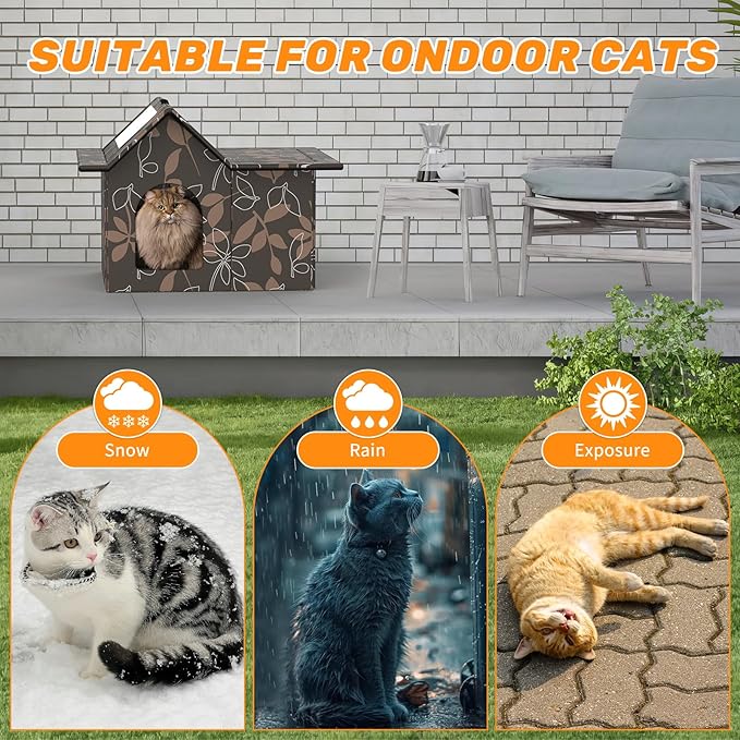 Outdoor Cat House Weatherproof, Large Feral Cat House for Winter, Collapsible Outdoor Cats Shelter in Winter with Door and Soft Mat, Easy to Assemble (Brown)