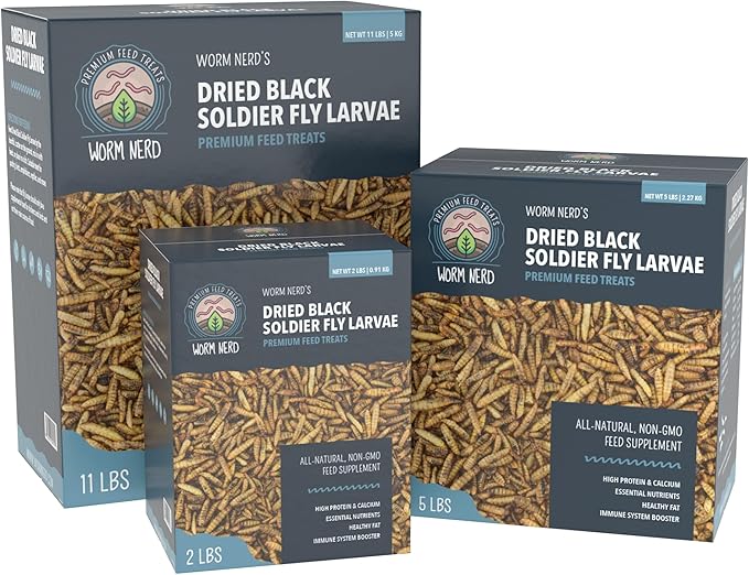 Worm Nerd WN64 11LB Dried Black Soldier Fly Larvae Non-GMO High Protein and Calcium Treat for Chickens, Birds, Reptiles, Amphibians, Fish