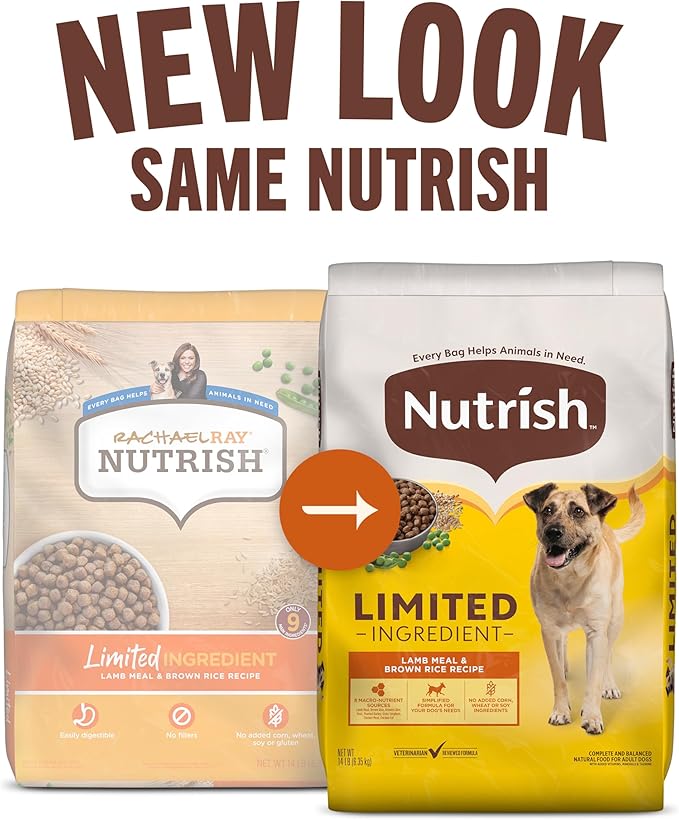 Nutrish Limited Ingredient Lamb Meal & Brown Rice Recipe Dry Dog Food, 14 lb. Bag, Packaging May Vary (Rachael Ray)