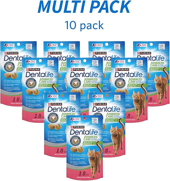 Purina DentaLife Made in USA Facilities Cat Dental Treats, Savory Salmon Flavor - (Pack of 10) 1.8 oz. Pouches