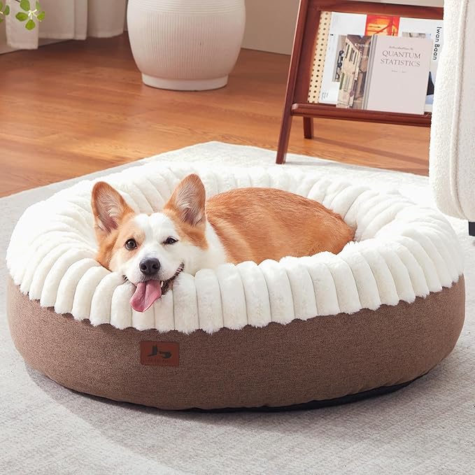 Donut Dog Bed Medium Size Dog 36 Inch, Round Cat Beds for Small Medium Dogs and Cats with Washable Fluffy Faux Fur, Cute Comfort Pet Bed with Anti-Slip Bottom, Cream
