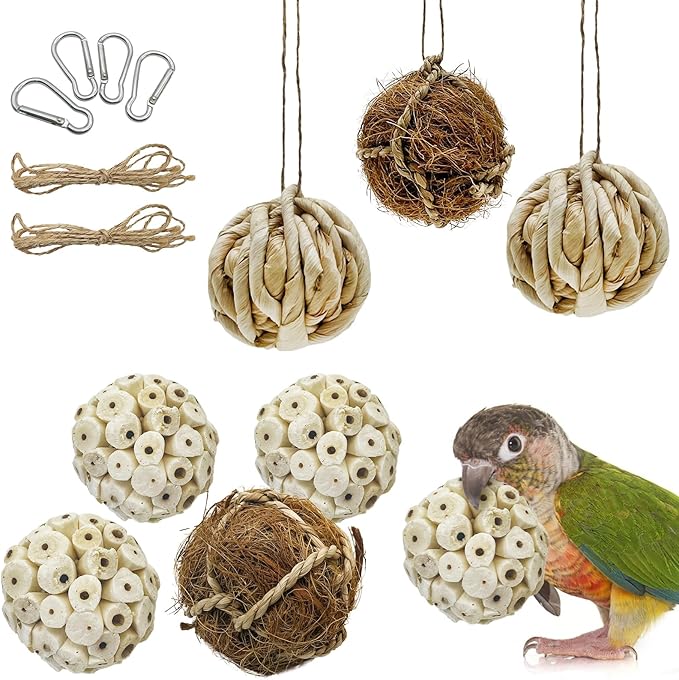 BNOSDM 8PCS Natural Bird Chew Toys Sola Balls Shred Toy Lightweight Conure Foot Toy Interactive Parrot Foraging Toys Bird Chew Balls with Hemp Rope Hook for Budgies Cockatiels Parakeets Senegal