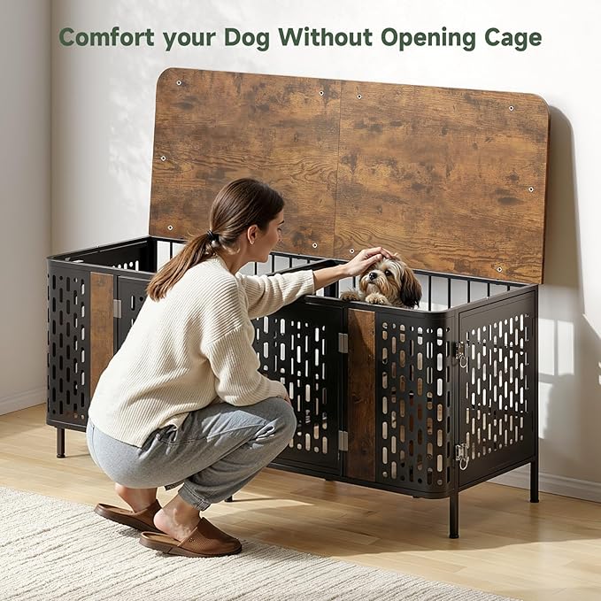 ONBRILL 63” Dog Crate Furniture for 1 or 2 Dogs,Large Double Dog Cage with Removable Divider,Heavy Duty Wooden Dog Crate As TV Stand with Steel Frame,Brown