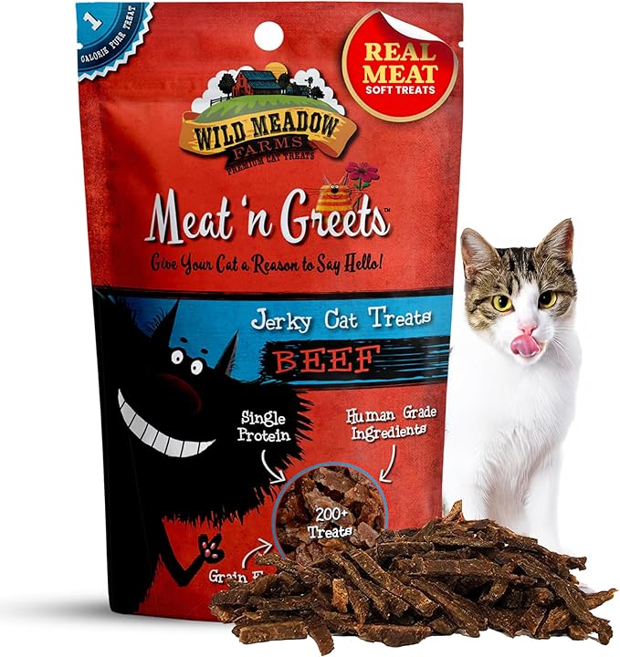 Wild Meadow Farms - Cat Treats - Meat 'N Greets - Soft Jerky Treats with Real Meat, High Protein, Grain-Free, Perfect for Training & Rewarding, All Natural Snacks for Cats - Beef Flavor