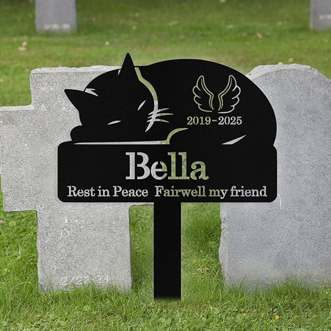 Custom Sleeping Cat Grave Marker Outdoor, Personalized Metal Cat Memorial Grave Stake with Name and Date, Outdoor Waterrproof Cats Memorial Plaque