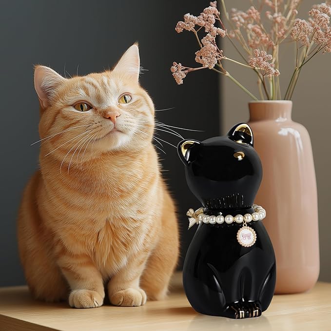 Cat Urns for Ashes, Elegant Ceramics Pets Cremation Keepsake, Funerary Urns Black Pet Urn for Cats Memorial Box with Personalized Necklace (20lbs)