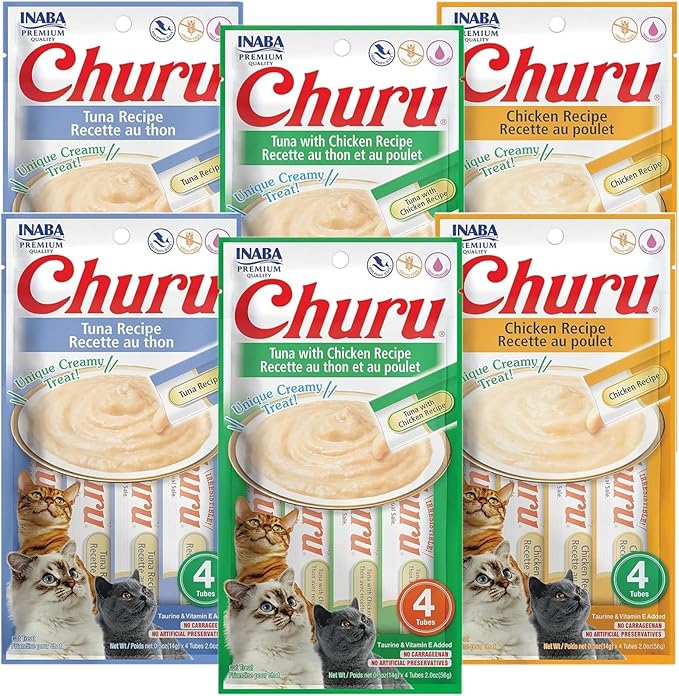 Churu Lickable Creamy Purée Cat Treats 3 Flavor Variety Pack of 24 Tubes