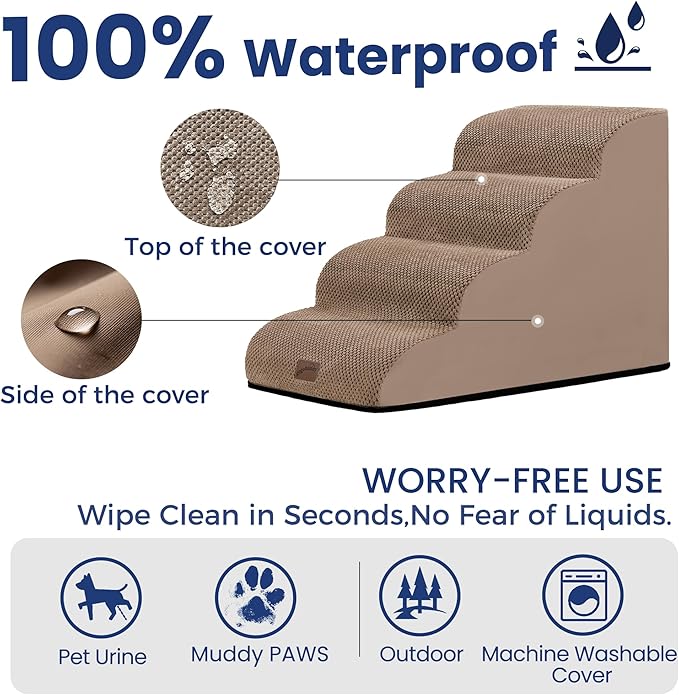 gogobunny Ramp Cat Dog Stairs for Beds, Cat Slope Stairs with Durable Waterproof Fabric Cover, Pet Steps for Old Large Dogs Climbing (Camel, 4-Step (28.3" D x 15.7" W x 19.7" H), 4)