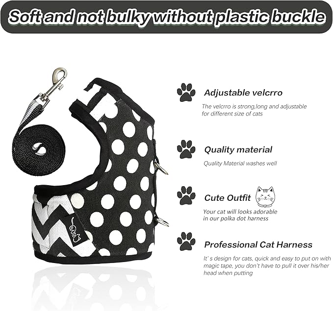 Cat Harness and Leash for Walking Escape Proof, Adjustable Cat Vest Harness, Padded Stylish Cat Walking Jackets, Polka Dot Black, X-Small