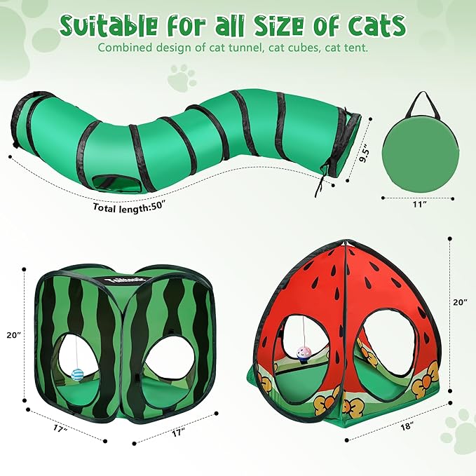 3-in-1 Watermelon Cat Play Tunnel with Pop-Up Cube & Triangle Cat Tent, Interactive Toy Ball & Foldable Design - Easy Magic Tape Assembly Tunnels for Indoor Cats