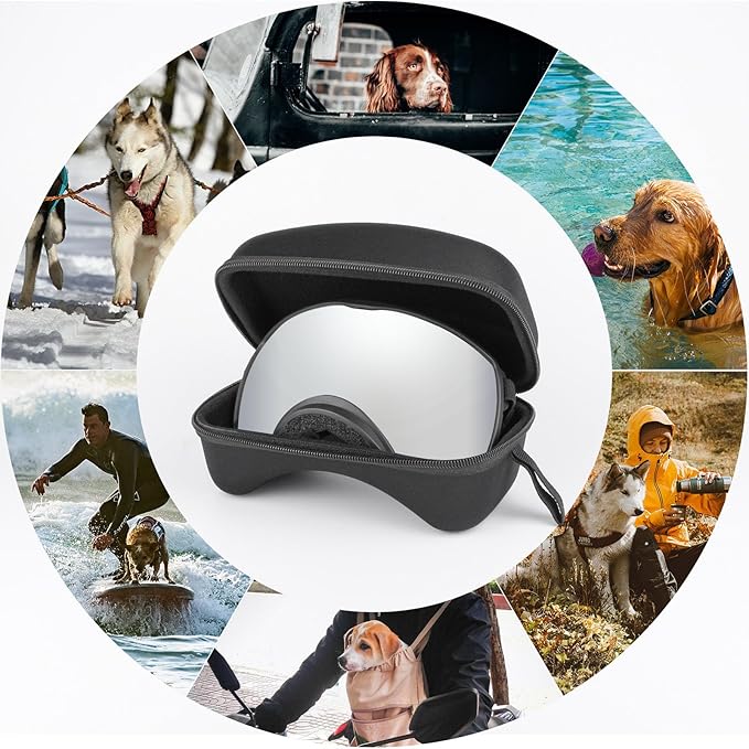 Dog Sunglasses UV Protection Silver Dog Goggles Windproof Glasses with Elastic Straps for Medium-Large Breed, Black Frame + Silver Lens