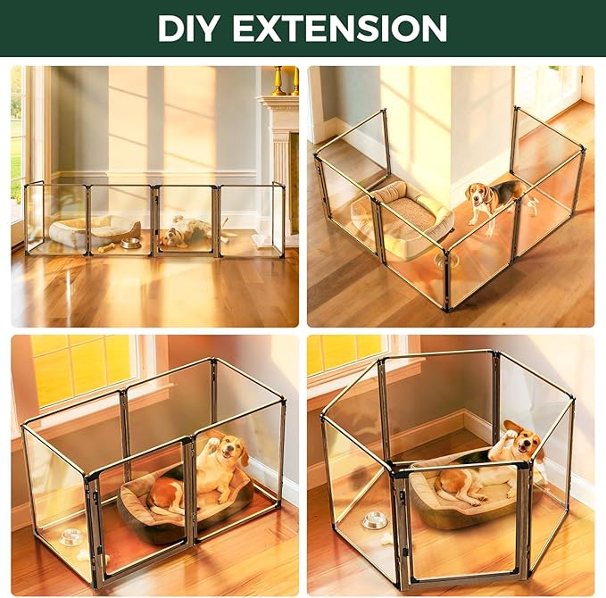 FXW AuraSpace Pro Metal & Acrylic Indoor Dog Playpen, All-Acrylic Clear Heavy-Duty Design, 32" Height 6 Panels for Small and Medium Dogs, Walnut│Patented