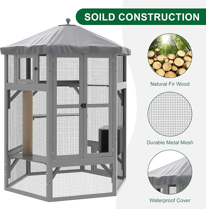 Catio Outdoor Cat Enclosure, Indoor Cat Enclosure with Window Access, Wooden Outdoor Cat Catio with Waterproof Cover, Cat House & Platform for Multiple Cats, Grey