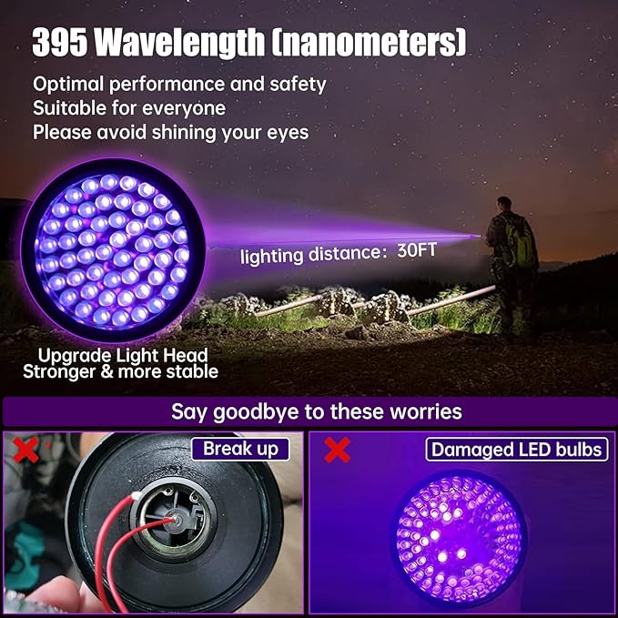 51 LED UV Black Light Flashlight, 395nm Portable Ultraviolet Pet Urine Detector for Dog Cat Stains, Bed Bugs, Scorpions, Resin Curing, Keychain Flashlight & Battery Included