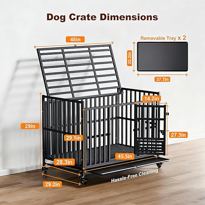 Heavy Duty Dog Crate, Reinforced Thickened Steel Frame Indestructible Kennel for Large & High Anxiety Dogs, Escape Proof Design with 3 Doors, 4 Lockable Wheels and 2 Removable Trays (48inch)