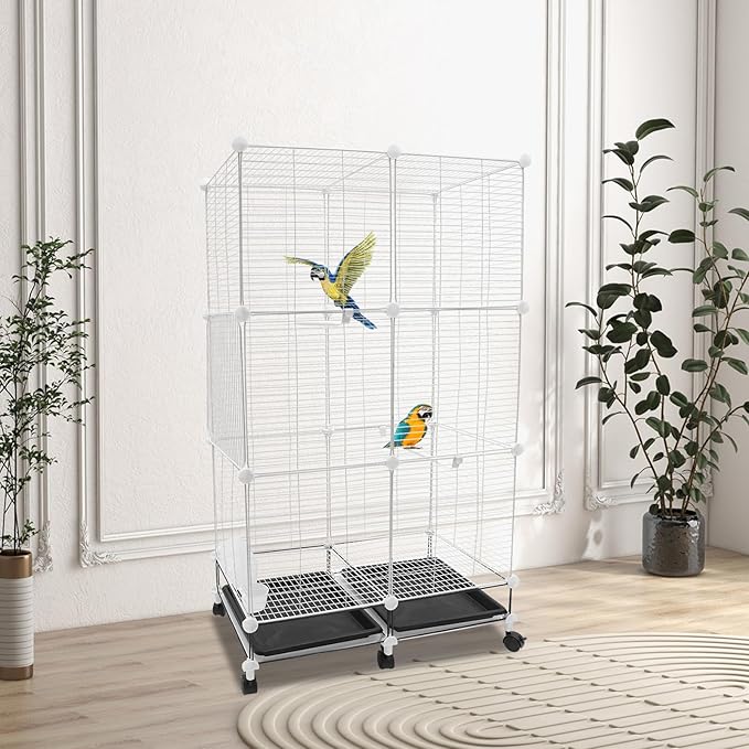 49 Inch 3-Tier Big Bird Cage with Food & Water Bowls Parakeet Bird Cage with Stand, Wheels Metal Birdcage Parrot Cage for Parakeet, Lovebirds, Ringneck, Cockatiels (White, 3-Tier-Roofless)