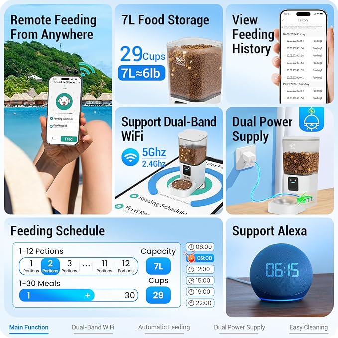 Automatic Cat Feeder with 5G WiFi: Automatic Dog Feeder with APP Control, 7L Timed Auto Cat Food Dispenser with Alexa for Multiple Pets, Detachable for Easy Cleaning - ACF80W
