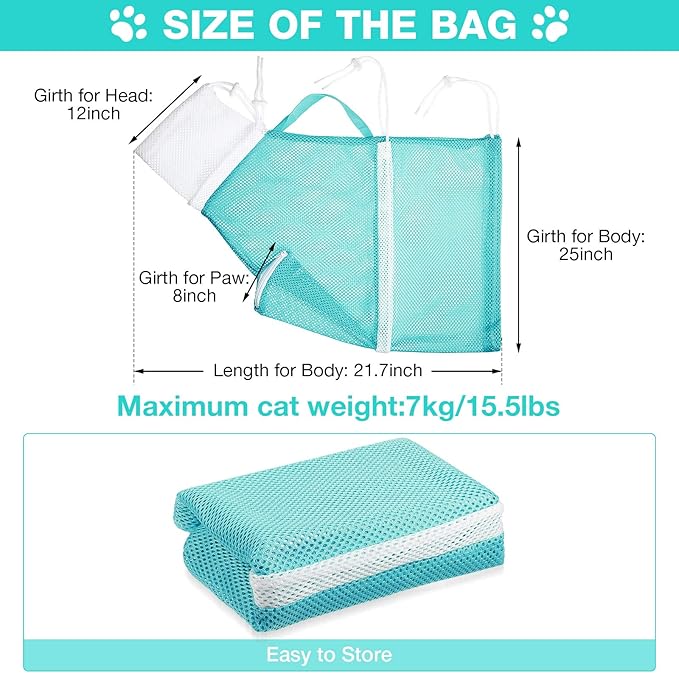 Cat Shower Net Bag Grooming Bathing Adjustable Washing Bag Multifunctional Cat Restraint Accessories Prevent Biting Scratching, Nail Trimming, Ears Clean, Keeping Calm(Green)