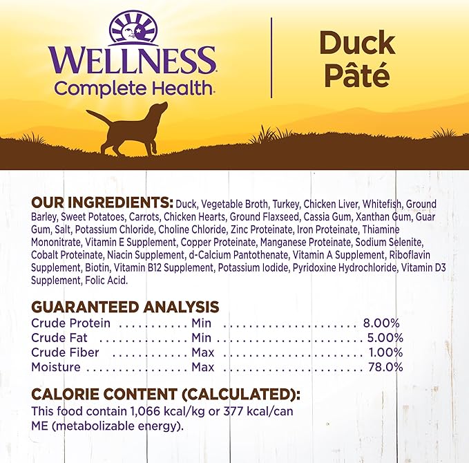 Wellness Complete Health Pate Adult Canned Wet Dog Food, Wholesome Grains, Natural, Duck and Sweet Potato, 12.5 oz, Pack of 12 Cans