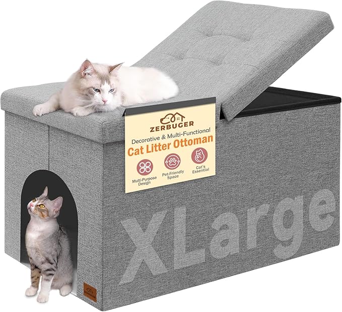 Cat Litter Box Enclosure Furniture for Odor Control, Hidden Cabinet Cats Litter Ottoman with Flip-Up Lid,Cat Litter Box Bench with Storage Space, Dog Proof (Light Grey, X-Large)