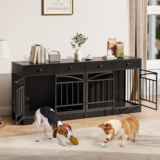 GAOMON Dog Crate Furniture for 2 Dogs, 78.7'' Large Dog Kennel Indoor with 4 Storage Drawers and Feeding Bowls, Double Dog Crate TV Stand for Small and Medium Dogs, Black