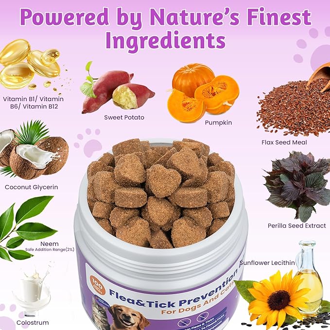 VUN Dog Flea and Tick Treatment Chewable,Natural Oral Flea Treatment for Cats,Relieve Itching& Biting,Flea Tick Prevention for Dogs Chews Supplement for Skin&Coat,All Breeds Sizes,100 Counts