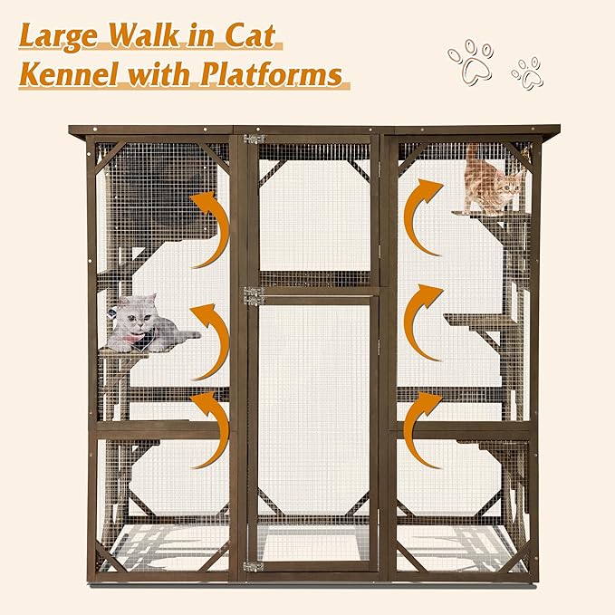 Grepatio Cat Enclosure Large Outdoor Catio Wooden Cat House with Weatherproof, Cat Cage Condo Indoor Playpen with Platform and Small House (Brown)