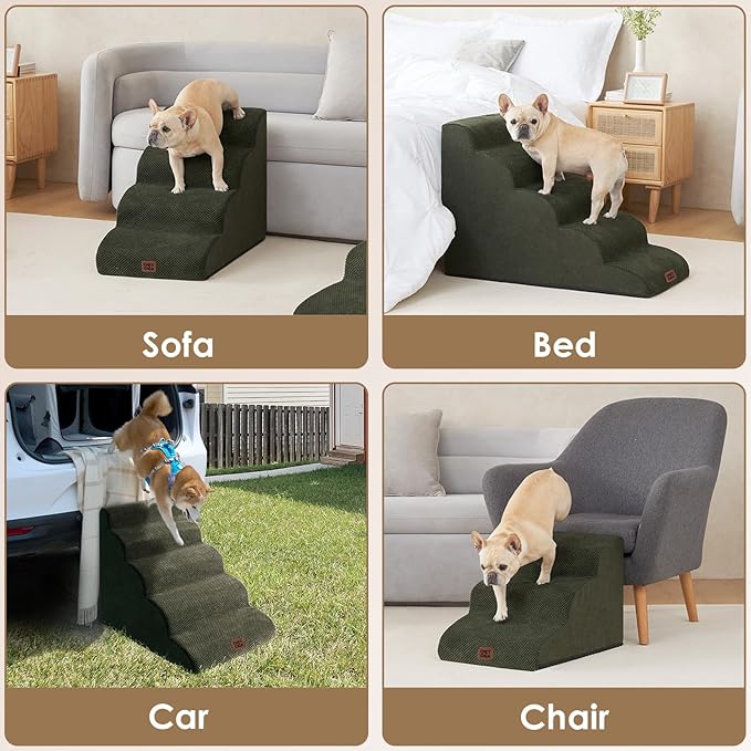 EHEYCIGA Curved Dog Stairs Ramp for High Beds 19.7" H, 4-Step Dog Steps for Small Dogs and Cats, Pet Stairs for High Bed Climbing, Non-Slip Balanced Pet Step Indoor, Military Green