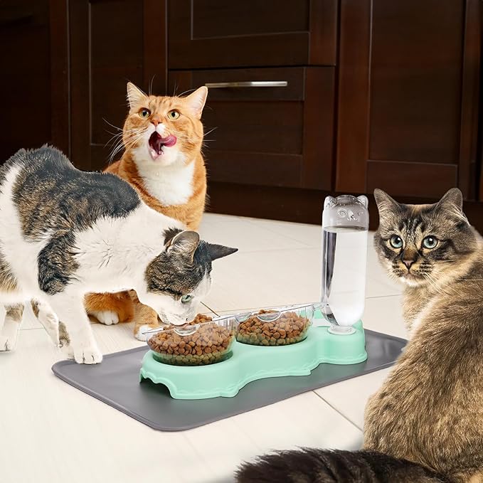 Triple Cats Bowls, Cat Food Water Bowl with Mat and Scoop, 15° Tilted Raised Cat Bowl Dishes with Automatic Water Bottle, Pet Feeding Bowls for Cats, Small Dogs, Wet, Dry Food