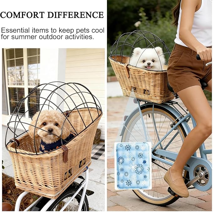 Dog Bike Basket Safe Portable Pet Bicycle Carrier for Small Dog Cat Natural Wicker with Protective Grille Luggage Rack Seat Ice Pad Comfort Cotton Cushion for Daily, Rides, Farmers'Markets Brown