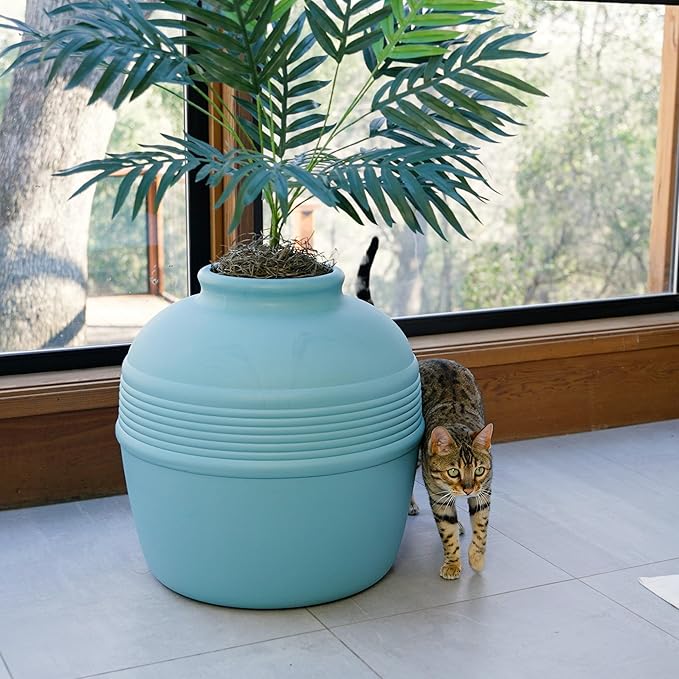 Good Pet Stuff Hidden Litter Box Planter, Decorative Cat Litter Enclosure with Carbon Filter, Artificial Plant, Easy Clean, Indoor Design, Original Round Style, Essentials Kit, Caribbean Blue