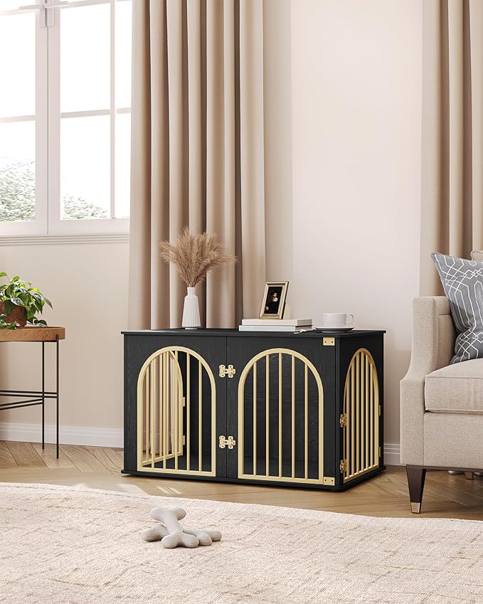 39.4" Wooden Dog Crate Furniture, Indoor Dog Kennel Dogs Cage for Small/Medium/Large Dogs, Heavy Duty Dog Crates Decorative Pet House End Side Table TV Stand, Black Gold DFC84104A