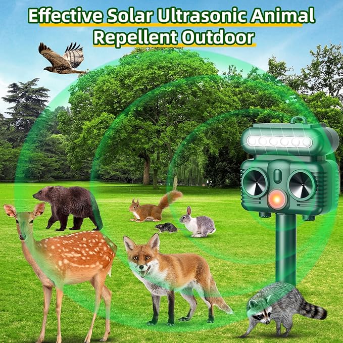 2 Pack Solar Cat Repellent Outdoor, Solar Ultrasonic Animal Repellent Outdoor with Motion Detection, Flashing Light Deer Deterrent Device to Repel Dog Squirrel Rabbit Raccoon Skunk for Yard Farm