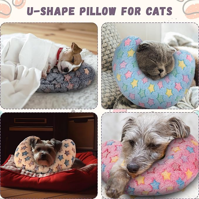 Sweetude 4 Pcs Pillows for Cats Puppy Bed Fluffy Pet Calming Soft Gifts Half Donut U Shaped Pet Neck Pillow Training Joint Relief Cervical Protection(Star,Large)