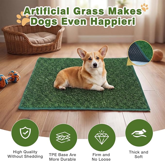 32" x 32" x 17" Dog Litter Box with High Walls with Artificial Grass Hemmed Edge, Portable Dog Potty Tray Large Puppy Potty Training Pad Tray Pet Toilet for Small Medium Dogs